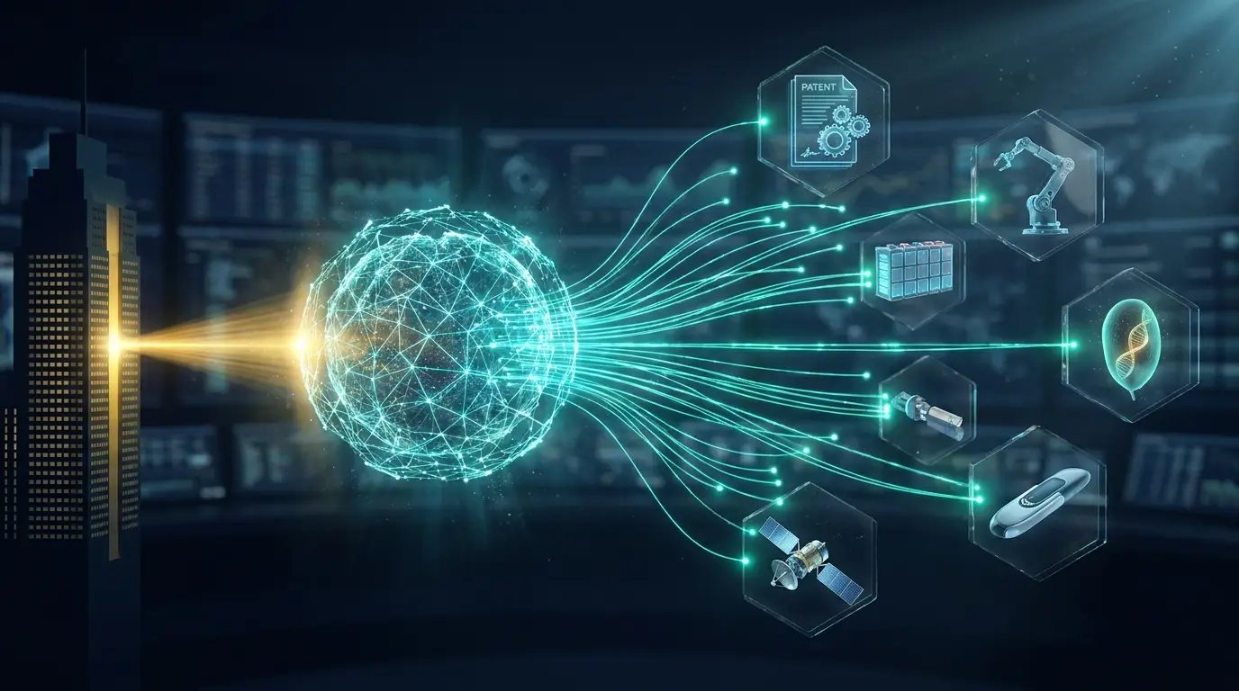 Visualization of IEM's AI matching engine linking an innovation order to candidate technologies across a global knowledge graph